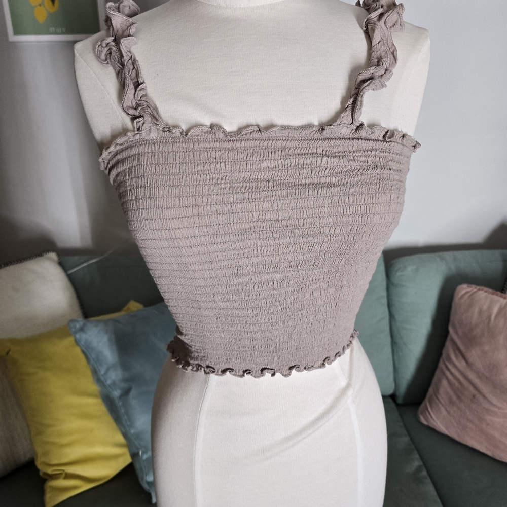 Aerie Ruffled Strap Smocked Crop Top - Taupe